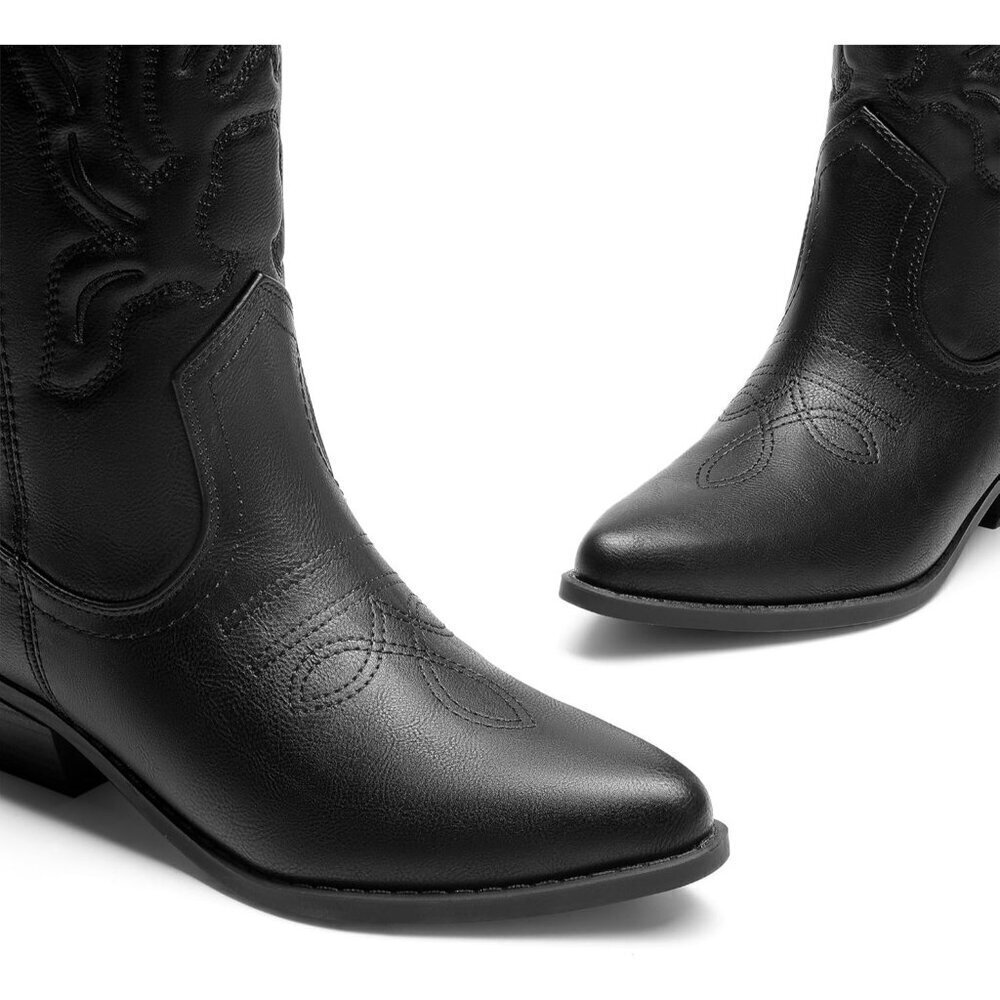 Women's Black Mid Calf Western Embroidery Stitched Faux Leather Cowgirl Boots - Picture 5 of 8